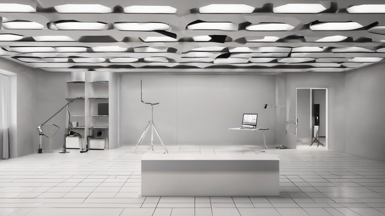 Minimalistyczne studio z subtelnym oświetleniem i geometrycznymi kształtami w przestrzeni